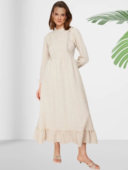 Volanlı Kareli Esnek Uzun Elbise - Resim 3