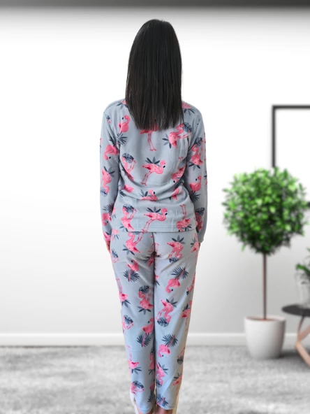 Happy Days Flamingo Desenli Kadın Polar Peluş Pijama Takımı (Yeşil) - Resim 7