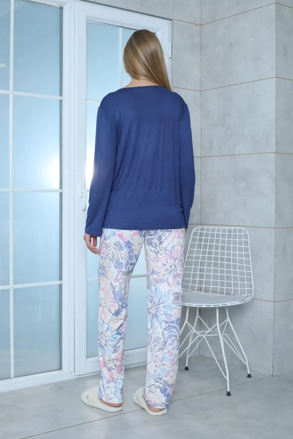 Limissi Viskon Desenli Lacivert Pijama Takımı %100 Pamuk - Resim 4