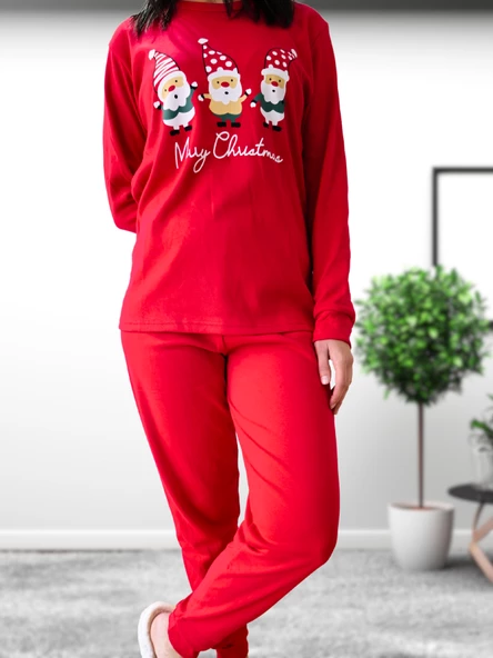 Baskılı Pamuk Kadın Yeni Yıl Pijama Takımı (Noel Baba) - Resim 3