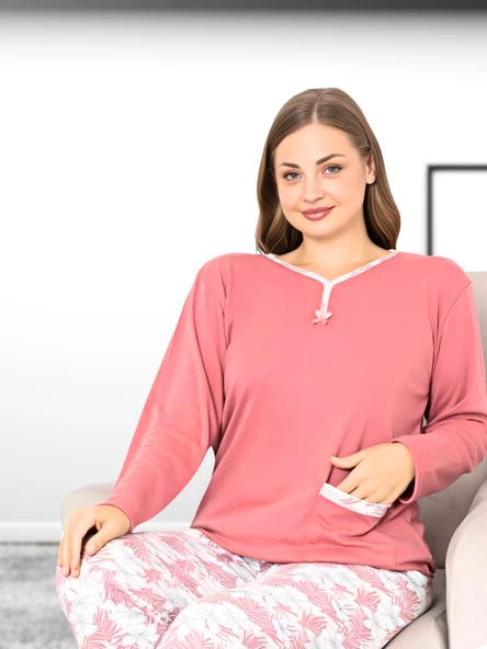 Büyük Beden Desenli Pamuk Kadın Pijama Takımı (Pudra) - Resim 4