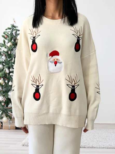 Kadın Uzun Kol Yeni Yıl Nakışlı Bisiklet Yaka Triko Kazak Pantolon Takım (Beyaz) - Resim 3