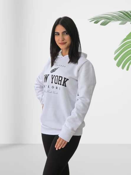 New York Baskılı Kapüşonlu Swaetshirt (Beyaz) - Resim 2