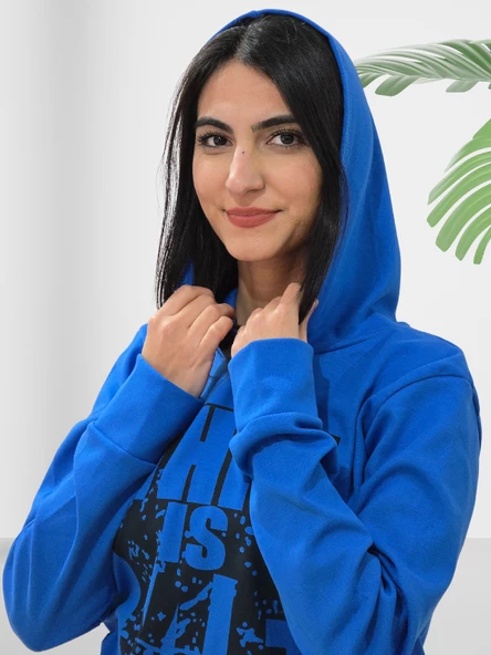 Baskılı Kapüşonlu Swaetshirt (Mavi) - Resim 4