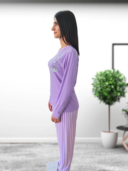 Sweet Kalp Desenli Pamuk Kadın Pijama Takımı (Eflatun) - 3