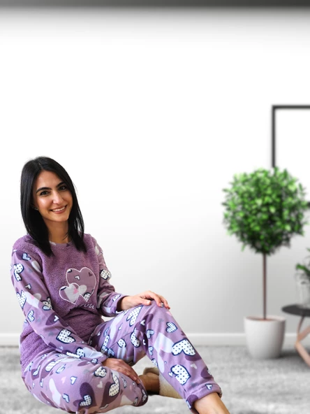 With You Kalp Desenli Kadın Polar Peluş Pijama Takımı (Mor) - Resim 6