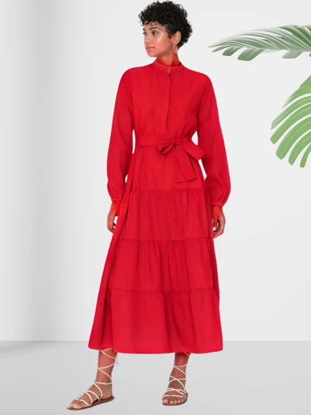 Dökümlü Sıfır Yaka Kırmızı Kloş Elbise - Resim 2