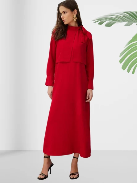 Dökümlü Şal Yaka Uzun Kırmızı Elbise - Resim 2