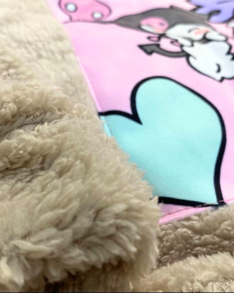 Düğmeli Dik Yaka Peluş Polar Baskılı Kız Çocuk Mont (Taba) - 7
