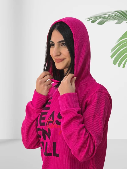 Be Season Baskılı Kapüşonlu Swaetshirt (Fuşya) - Resim 6