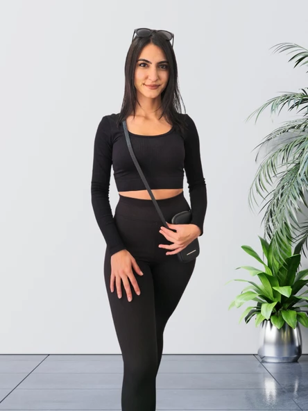 Yüksek Bel Toparlayıcı ve Sıkılaştırıcı Likralı Fitilli Şardonlu Tayt (Siyah) - 3