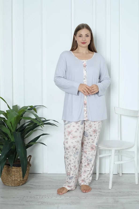 Limissi Viskon Büyük Beden Desenli Melisa Gri Pijama Takımı %100 Pamuk - Resim 6