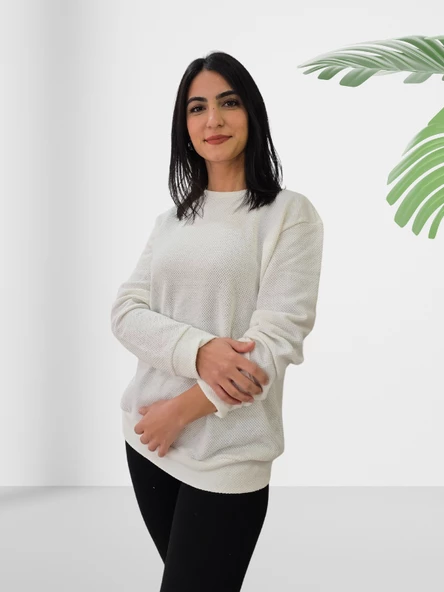 Düz Sıfır Yaka Triko Görünüm Sweatshirt (Beyaz) - Resim 2