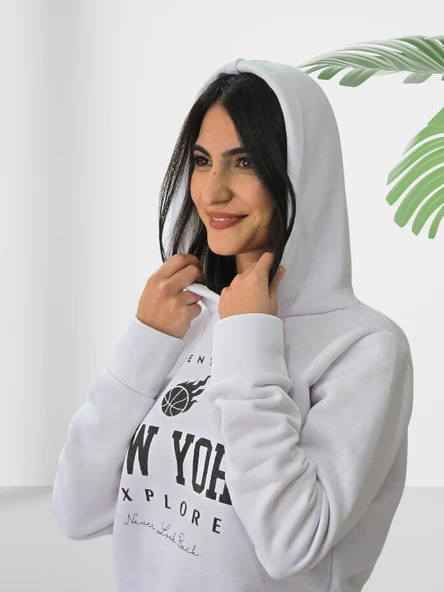 New York Baskılı Kapüşonlu Swaetshirt (Beyaz) - Resim 4