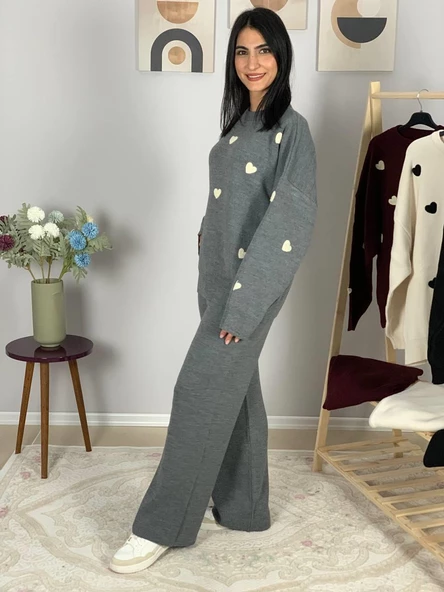 Kadın Uzun Kol Kalpli Bisiklet Yaka Triko Kazak Pantolon Takım (Gri) - Resim 5
