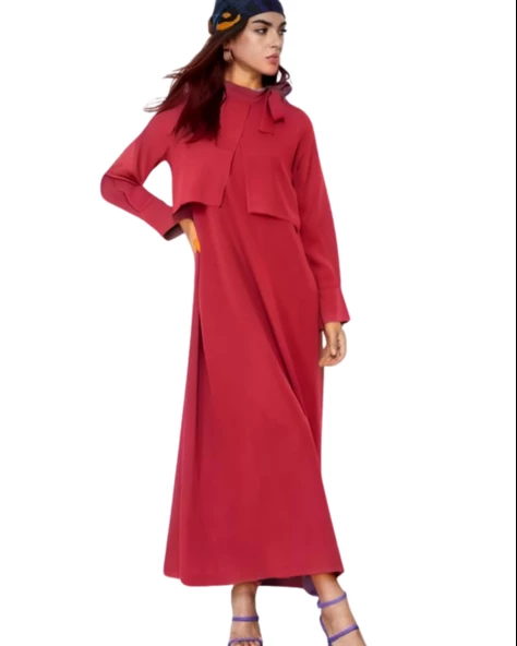 Dökümlü Şal Yaka Uzun Bordo Elbise ürün görseli