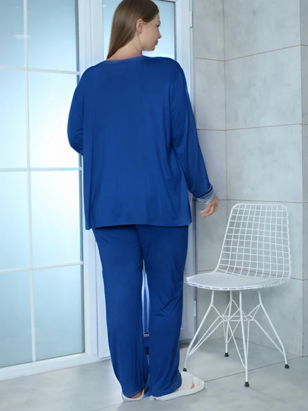 Limissi Viskon Büyük Beden Mavi Pijama Takımı %100 Pamuk - Resim 4