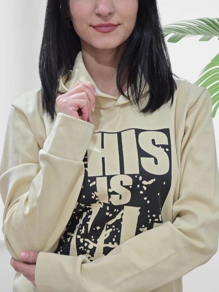 Baskılı Kapüşonlu Swaetshirt (Krem) - Resim 4