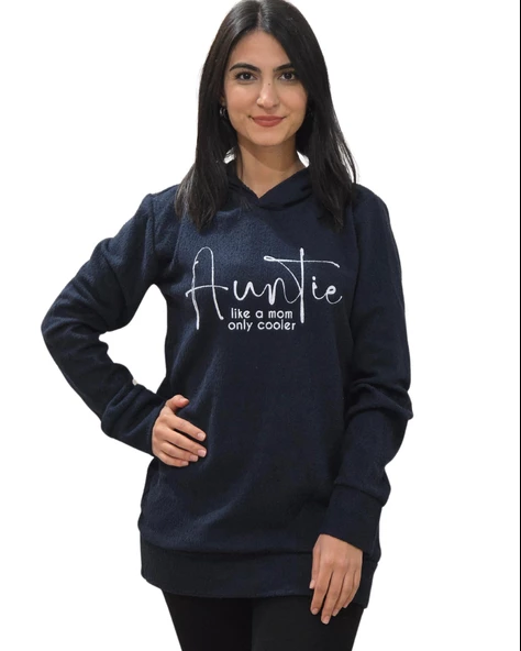 Auntie Baskılı Kapüşonlu Swaetshirt (Lacivert)