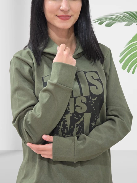 Baskılı Kapüşonlu Swaetshirt (Haki) - Resim 3