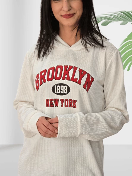 Brooklyn Baskılı Kapüşonlu Swaetshirt (Beyaz) - Resim 5