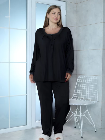 Limissi Viskon Büyük Beden Siyah Pijama Takımı %100 Pamuk - Resim 2