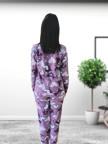 Kalp Desenli Kadın Polar Peluş Pijama Takımı (Mor) - 3