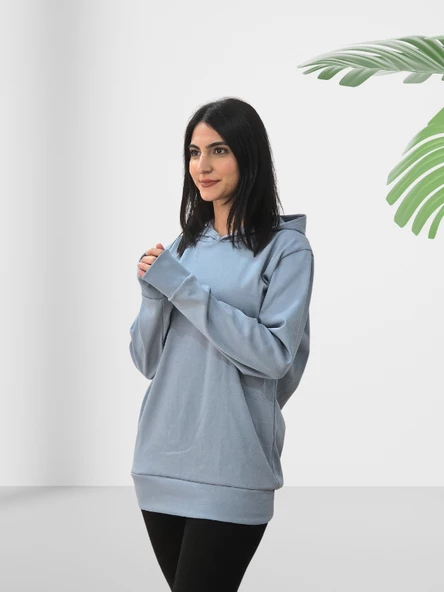 Düz Kapüşonlu Swaetshirt (Gri) - Resim 2