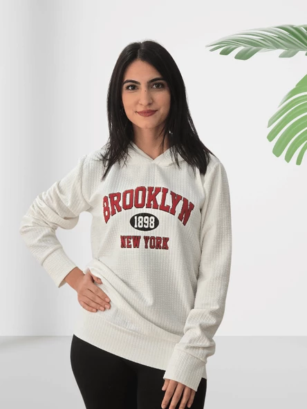 Brooklyn Baskılı Kapüşonlu Swaetshirt (Beyaz) - Resim 3