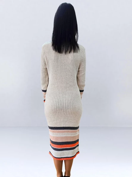 Fitted Kesim Sıfır Yaka Triko Elbise (Bej) - 6