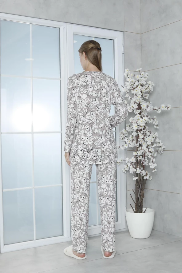 Limissi Viskon Desenli Vizon Şeritli Pijama Takımı %100 Pamuk - 5