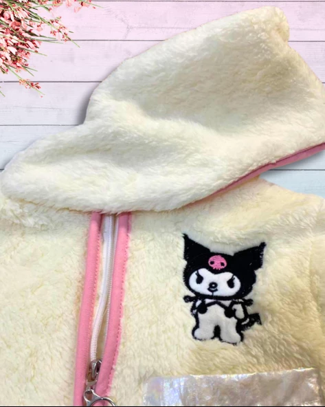Fermuarlı Kapüşonlu Peluş Polar Baskılı Kız Çocuk Mont (Beyaz) - 6