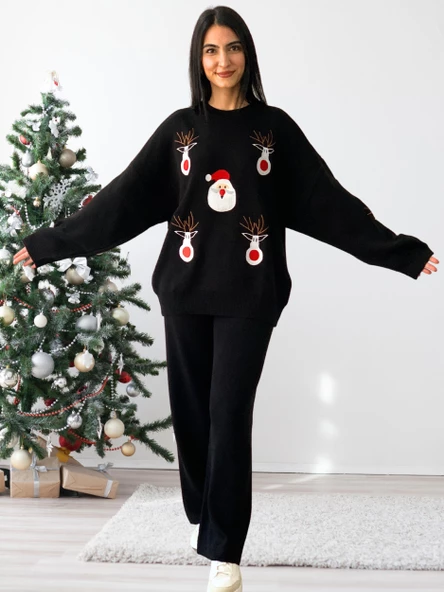 Kadın Uzun Kol Yeni Yıl Nakışlı Bisiklet Yaka Triko Kazak Pantolon Takım (Siyah) - Resim 2