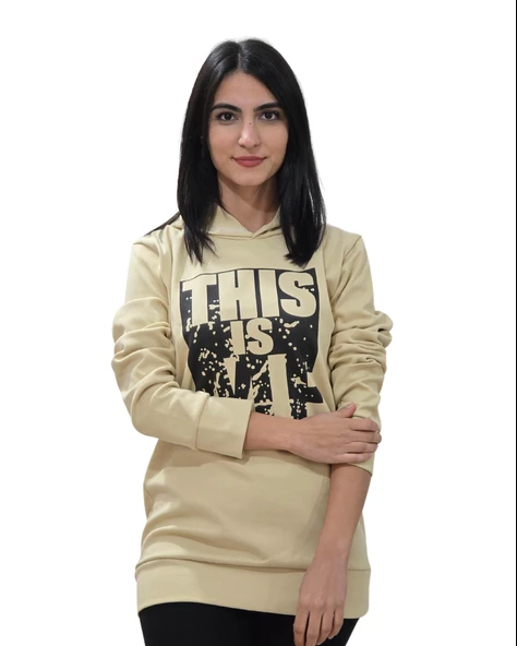 Baskılı Kapüşonlu Swaetshirt (Krem)