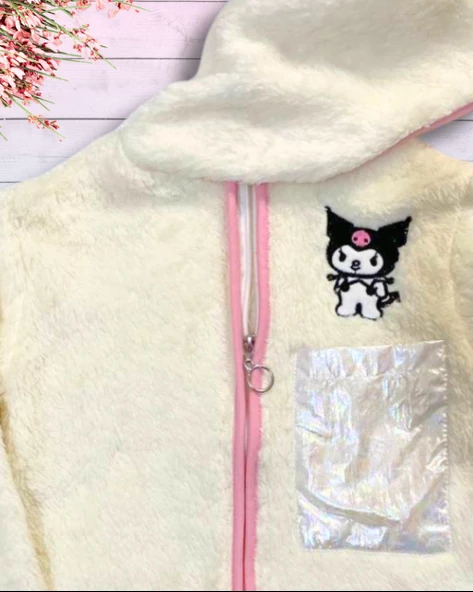 Fermuarlı Kapüşonlu Peluş Polar Baskılı Kız Çocuk Mont (Beyaz) - 2