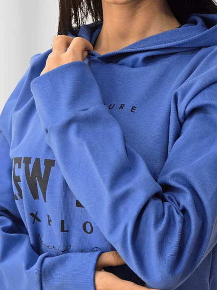 New York Baskılı Kapüşonlu Swaetshirt (Mavi) - Resim 4