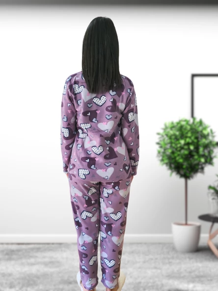 With You Kalp Desenli Kadın Polar Peluş Pijama Takımı (Mor) - Resim 5