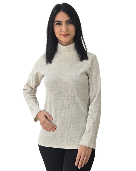 Boğazlı Düz Swaetshirt (Krem)