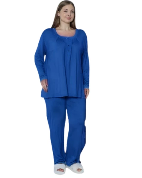 Limissi Viskon Büyük Beden Mavi Pijama Takımı %100 Pamuk