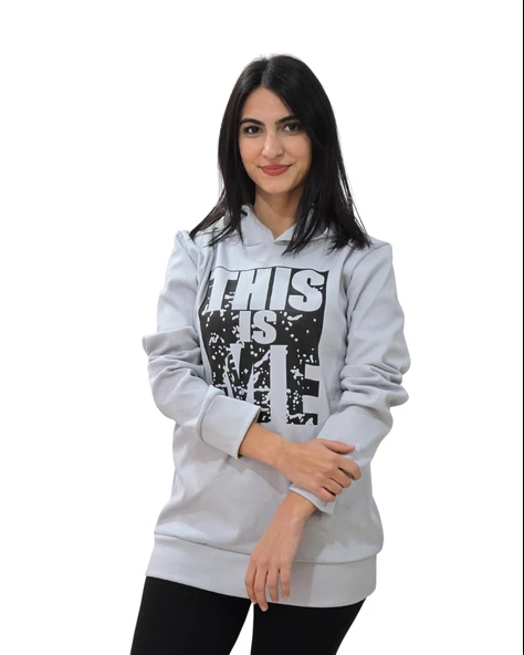 Baskılı Kapüşonlu Swaetshirt (Gri)