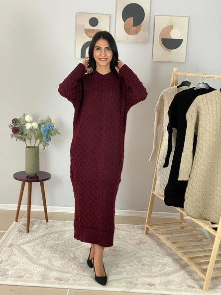 Bsiklet Yaka Saç Örgülü Triko Midi Elbise (Bordo) - 4
