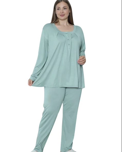 Limissi Viskon Büyük Beden Yeşil Pijama Takımı %100 Pamuk