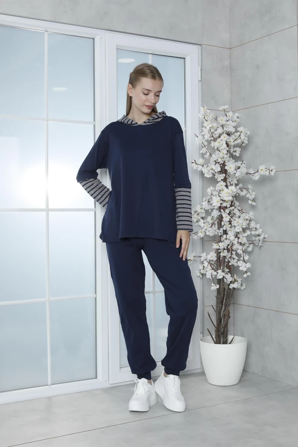 Limissi Viskon Lacivert Kapişonlu Eşofman Takımı %100 Pamuk - Resim 5