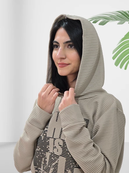 Baskılı Kapüşonlu Swaetshirt (Çizgili Taba) - Resim 4