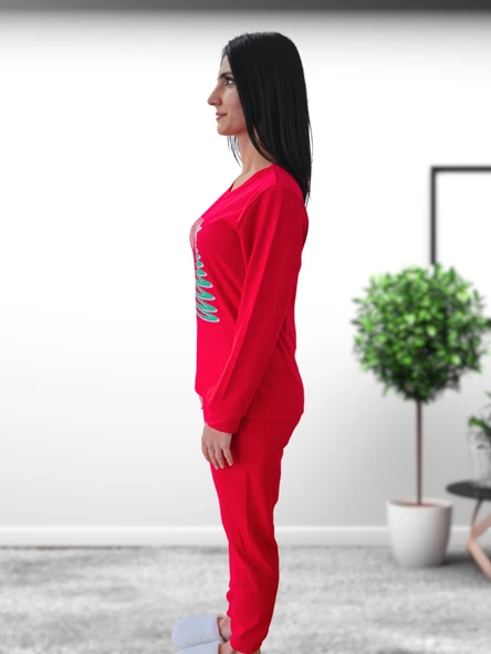 Baskılı Pamuk Kadın Yeni Yıl Pijama Takımı (Ho Ho Ho)) - Resim 4