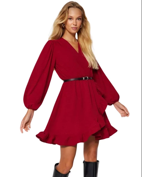 Volanlı Diz Üstü Bordo Elbise ürün görseli