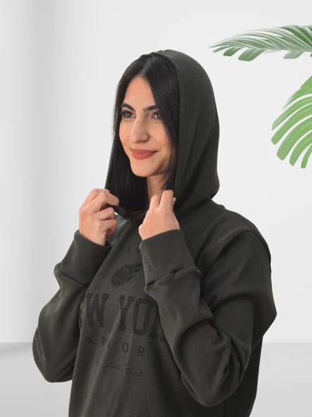 New York Baskılı Kapüşonlu Swaetshirt (Haki) - Resim 4