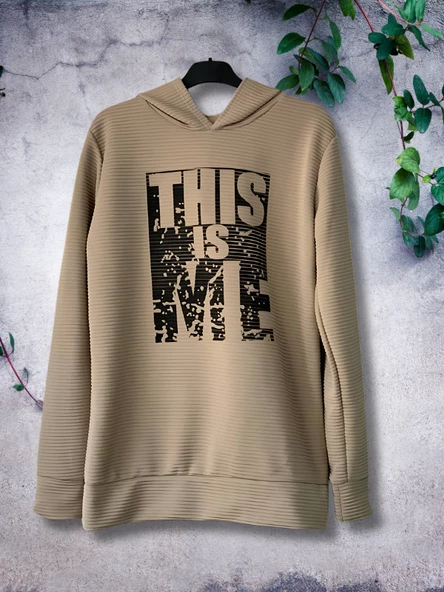 Baskılı Kapüşonlu Swaetshirt (Çizgili Taba) - Resim 5