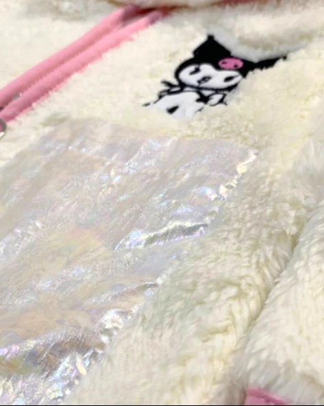 Fermuarlı Kapüşonlu Peluş Polar Baskılı Kız Çocuk Mont (Beyaz) - 4