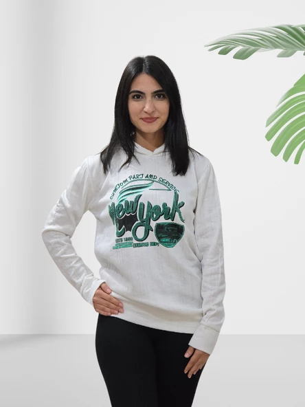 New York Kapüşonlu Swaetshirt (Beyaz-Yeşil) - 2